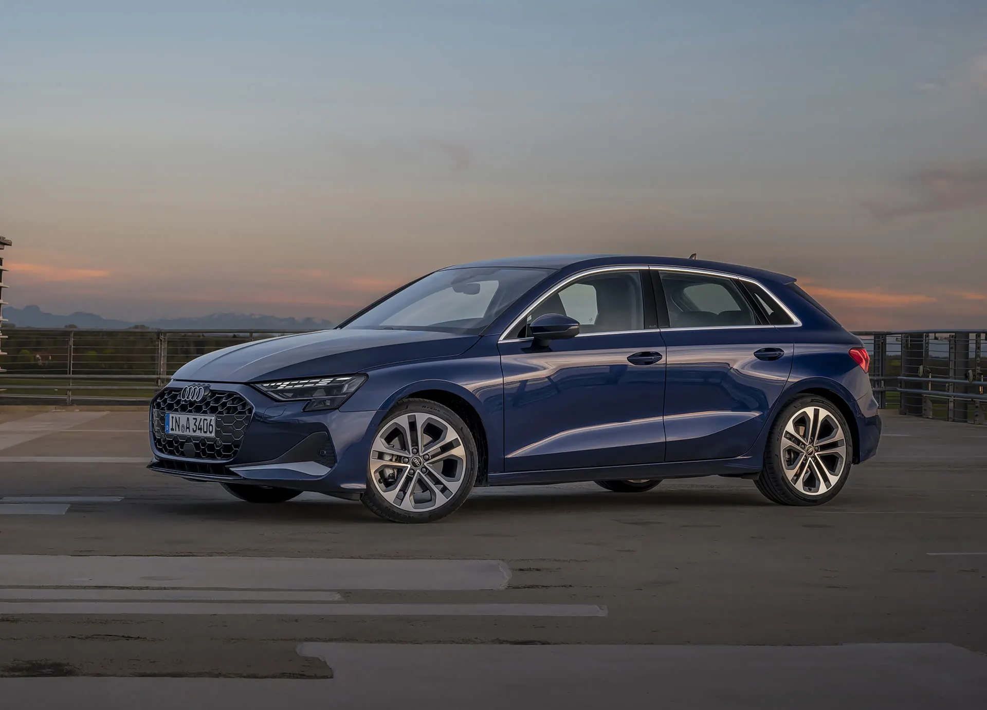 Audi A3 Sportback in blue, front three-quarter view